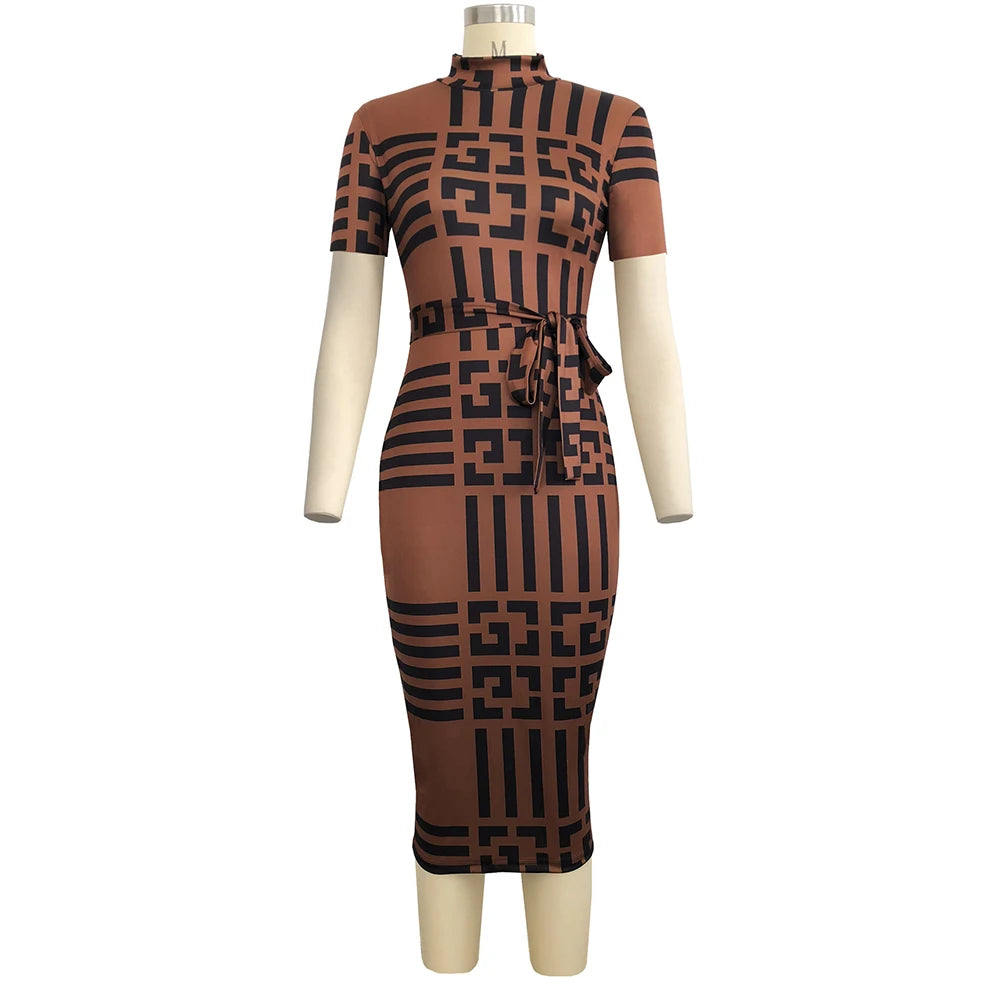 Women Sexy Turtleneck Short Sleeve Print Bodycon Midi Dress Female Elegant High Elastic Night Club Pencil Dresses With Sashes Women Sexy Turtleneck Short Sleeve Print Bodycon Midi Dress Female Elegant High Elastic Night Club Pencil Dresses With Sashes